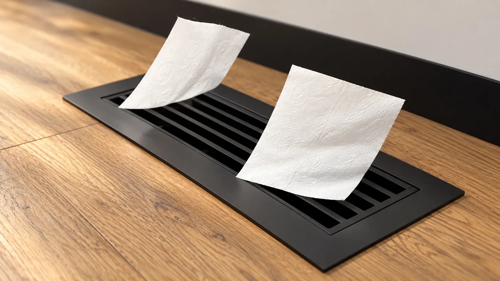 Two squares of tissue paper lifted by air moving through a black vent — play the air inlet video