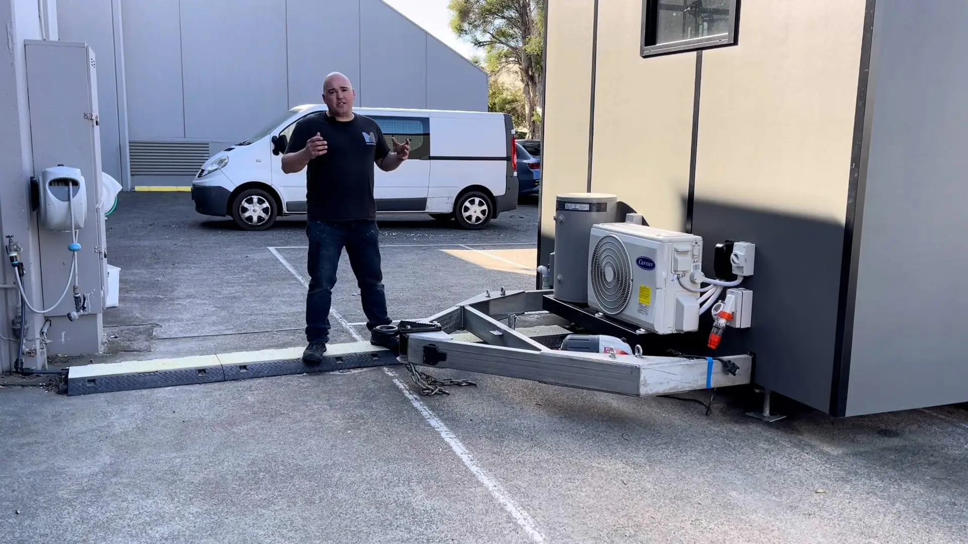 The removable drawbar on a MicroHome being fitted at the Melbourne factory.