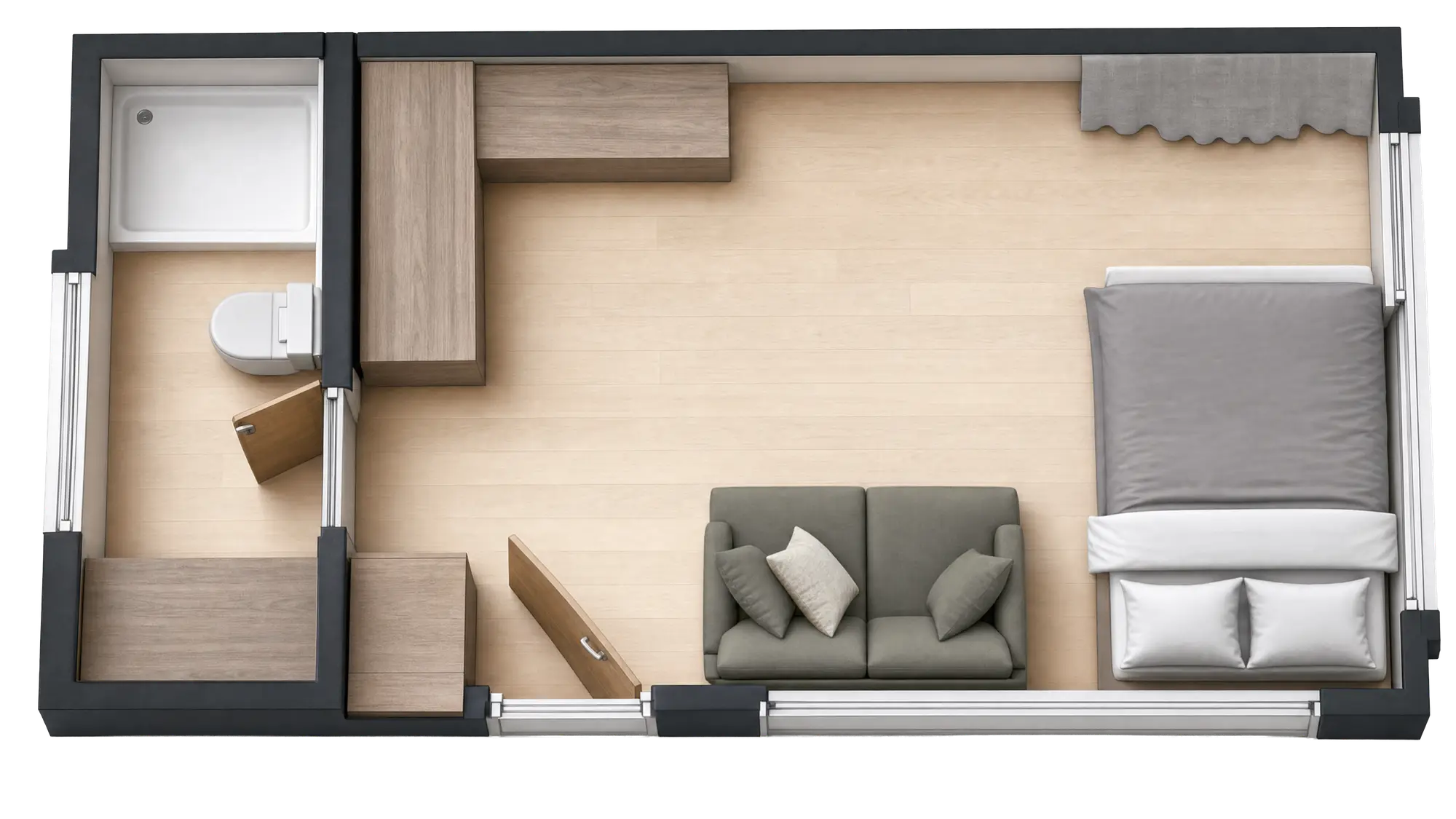 Floor plan of the 6.0m by 3.2m Urban Studio showing the living and sleeping zone, galley kitchen, and separate bathroom with laundry.