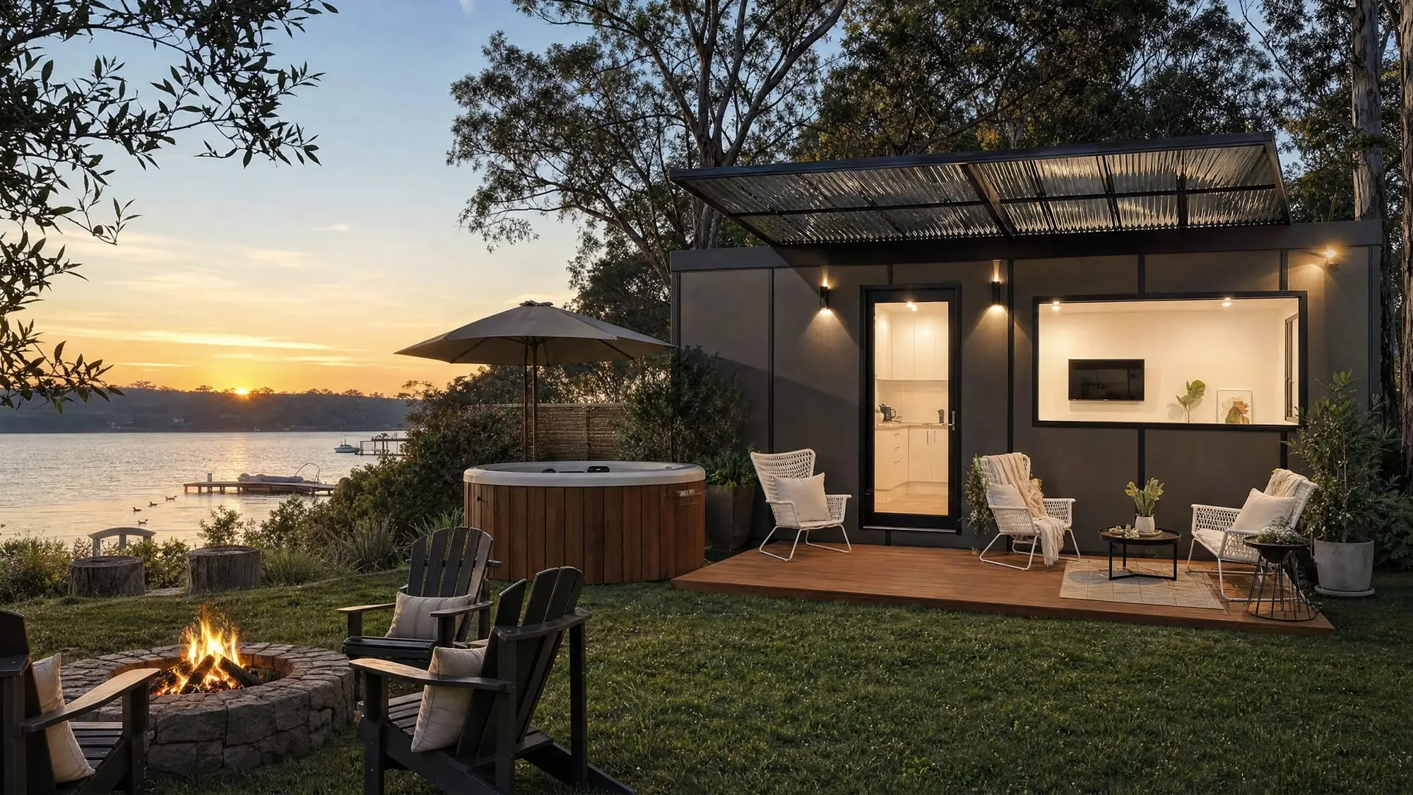 An Urban Studio MicroHome at golden hour on a lakeside block, with a deck, fire pit and warm interior glow.