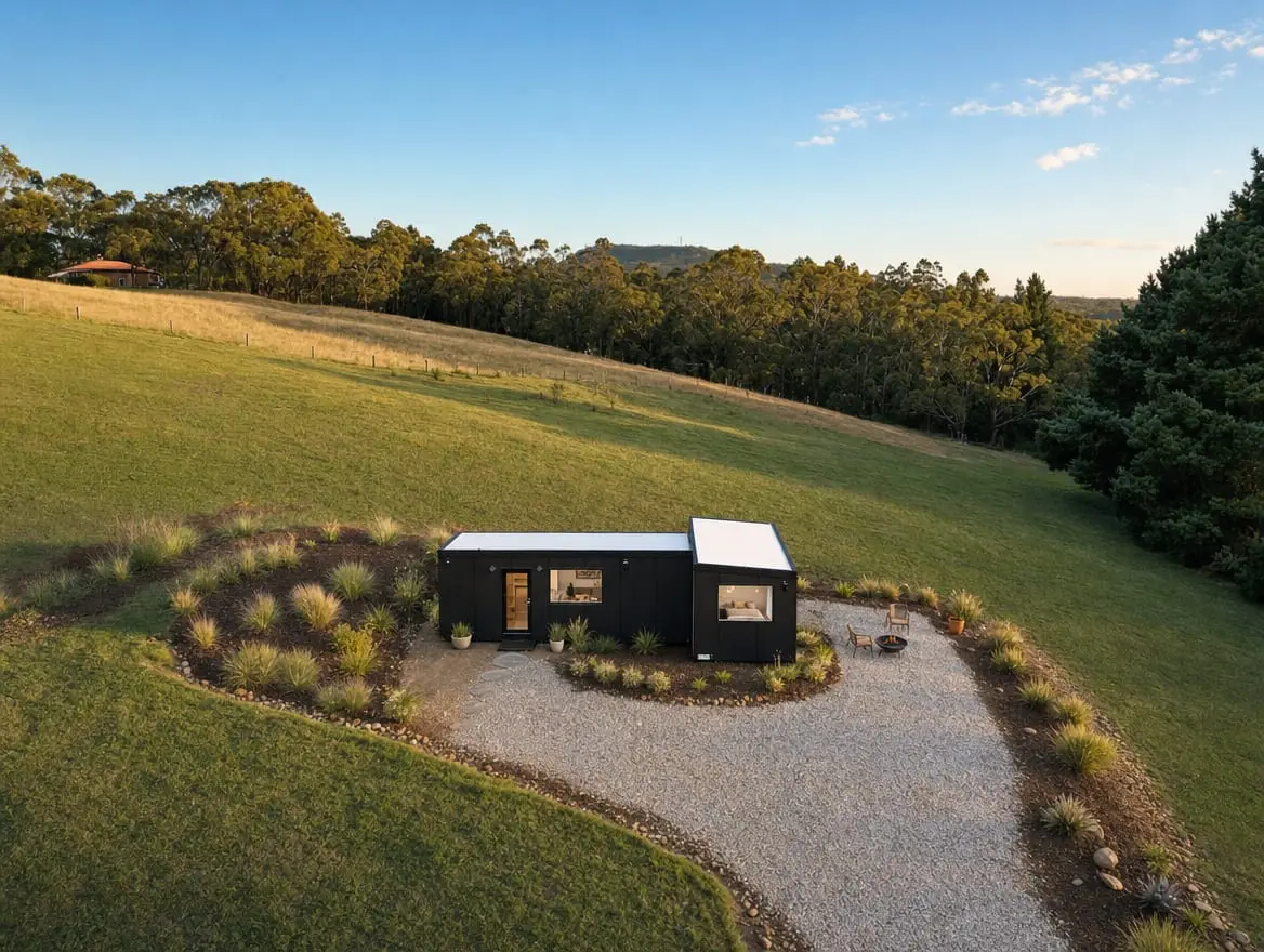 Aerial view of a self-contained MicroHome sited in a suburban backyard.