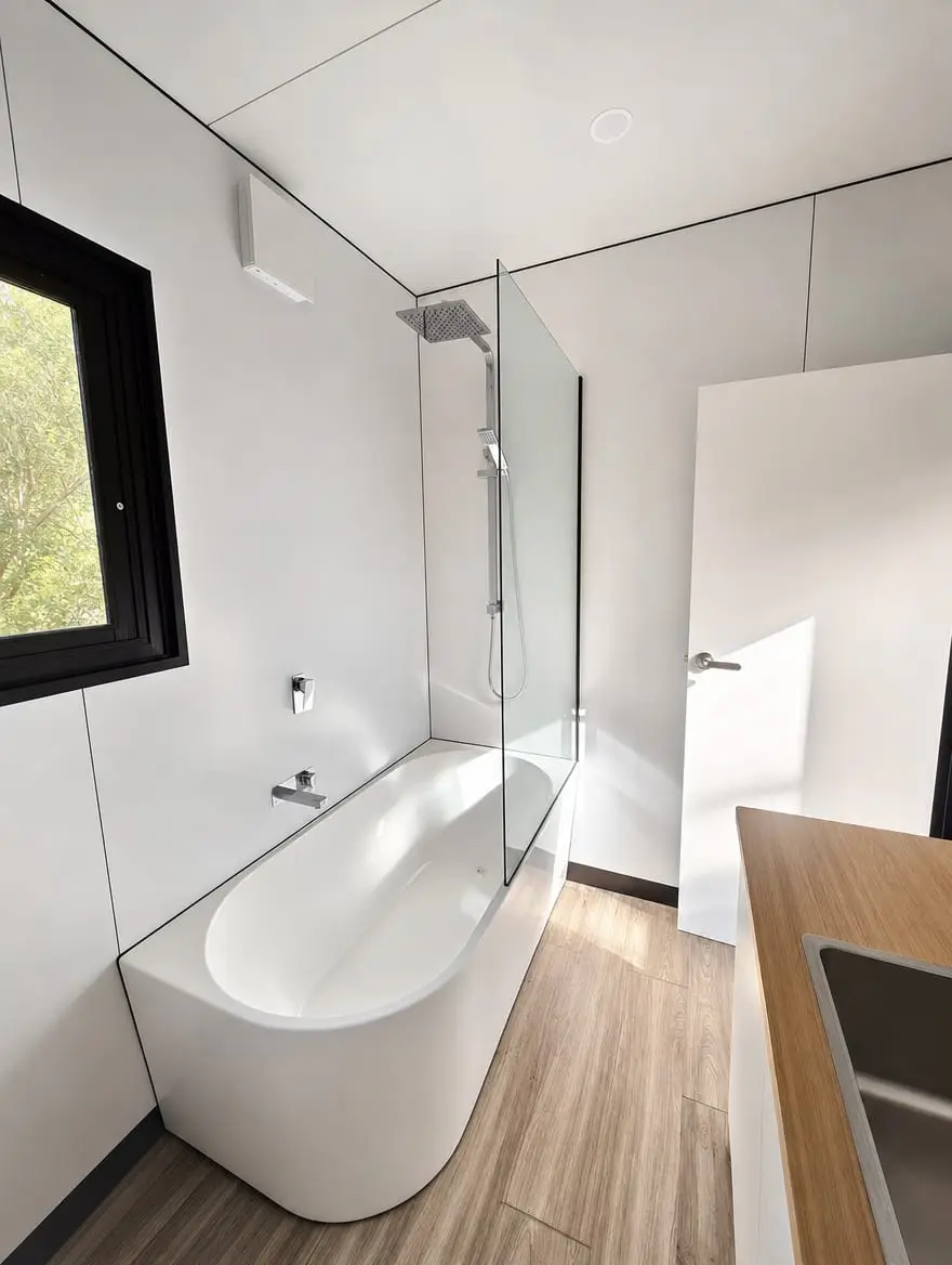 A full MicroHome bathroom with a bathtub and a separate glass shower, warm and lived-in.