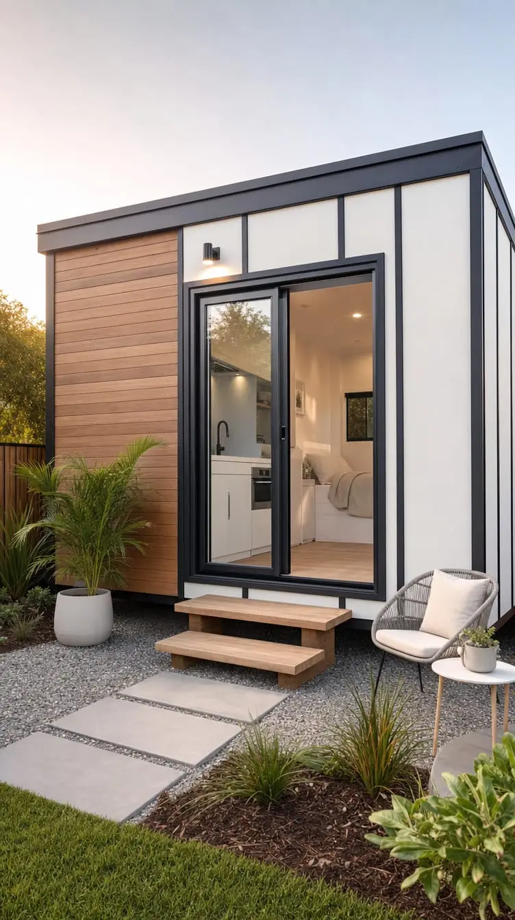 The entry deck of a relocatable MicroHome ready to site on a spare block.