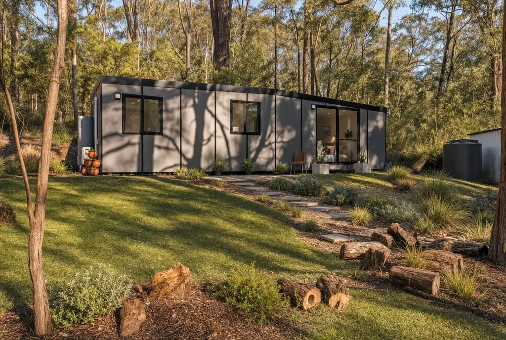 A MicroHome sited on a bush block, its deck and awning facing the garden.