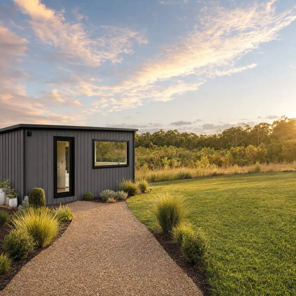 A MicroHome at golden hour with a deck and warm interior glow on a leafy block.