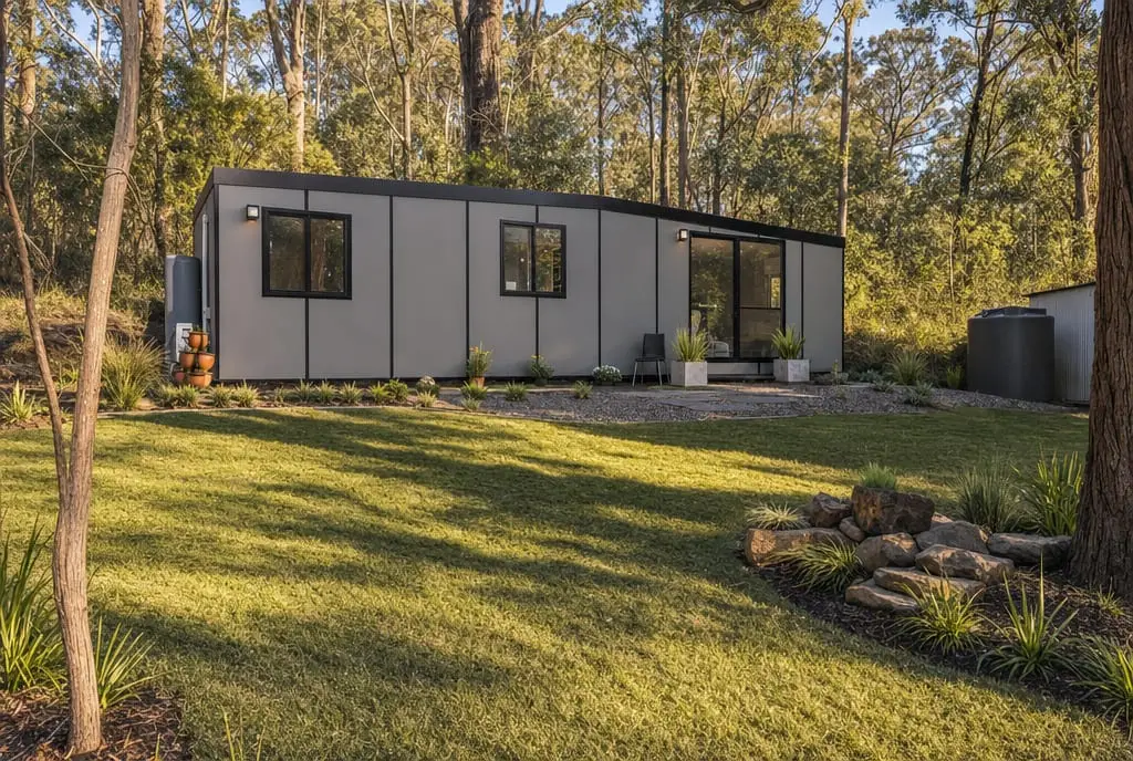 Cover of the MicroHomes Property Readiness Guide beside a completed MicroHome on a leafy block