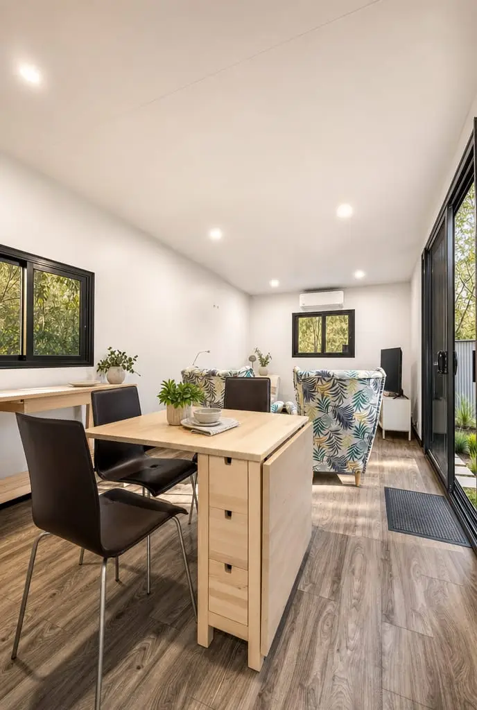 Inside a finished 3.2m-wide MicroHome: an open-plan living and dining area with full-size furniture and a dining table for six.