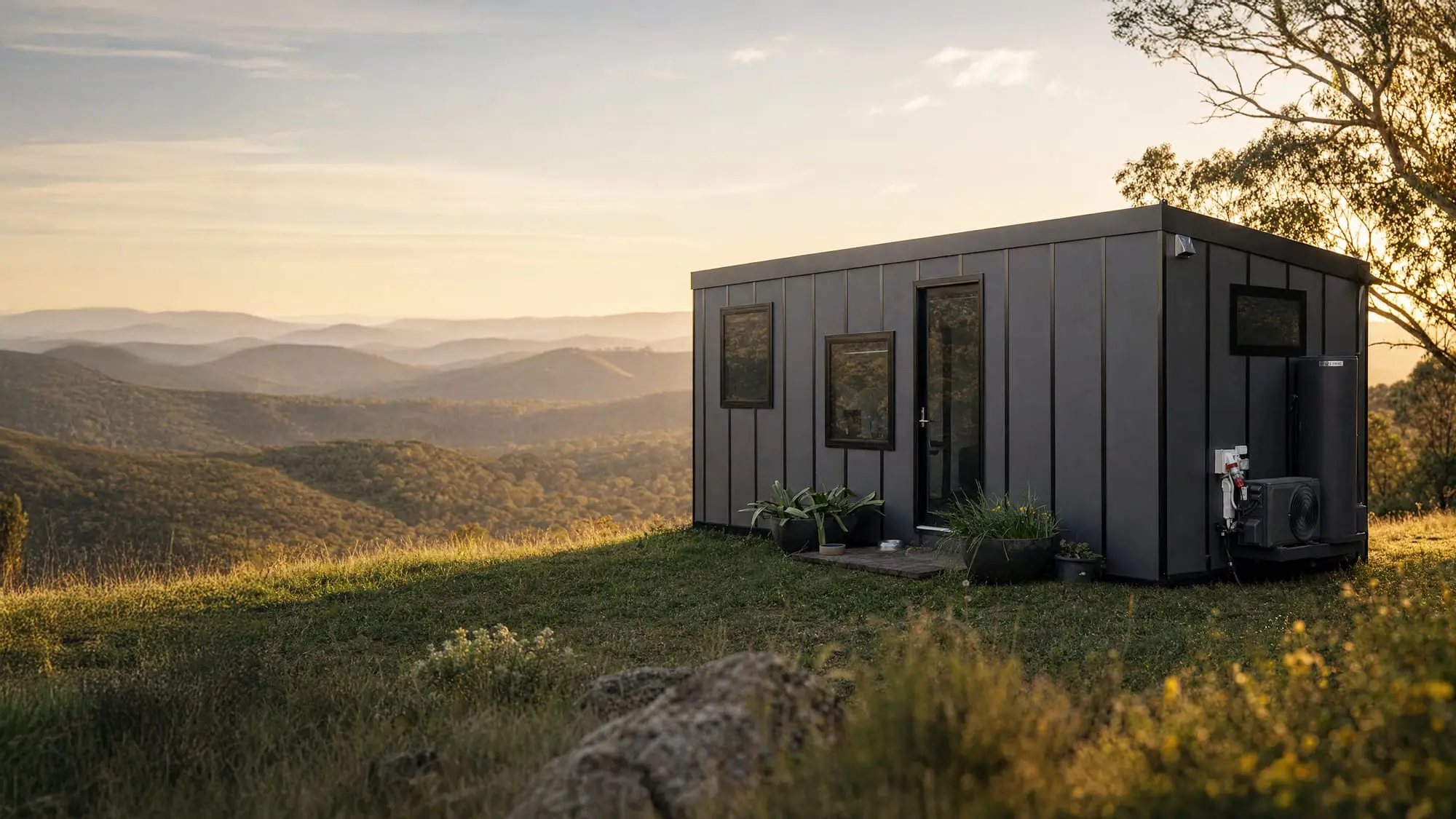 An Urban One Bedroom MicroHome sited on a grassy ridge at sunset, its charcoal vertical cladding facing out across forested hills, with the heat pump and services on the near end.