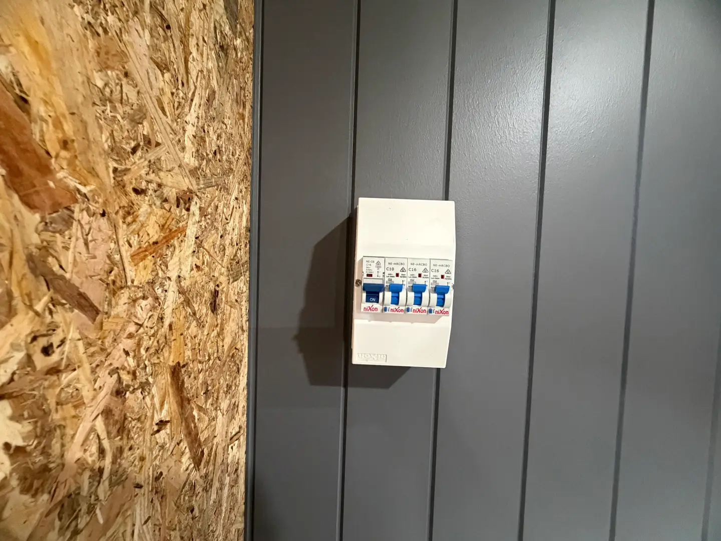The electrical safety-switch board fitted inside the ex-demo Backyard Pod.