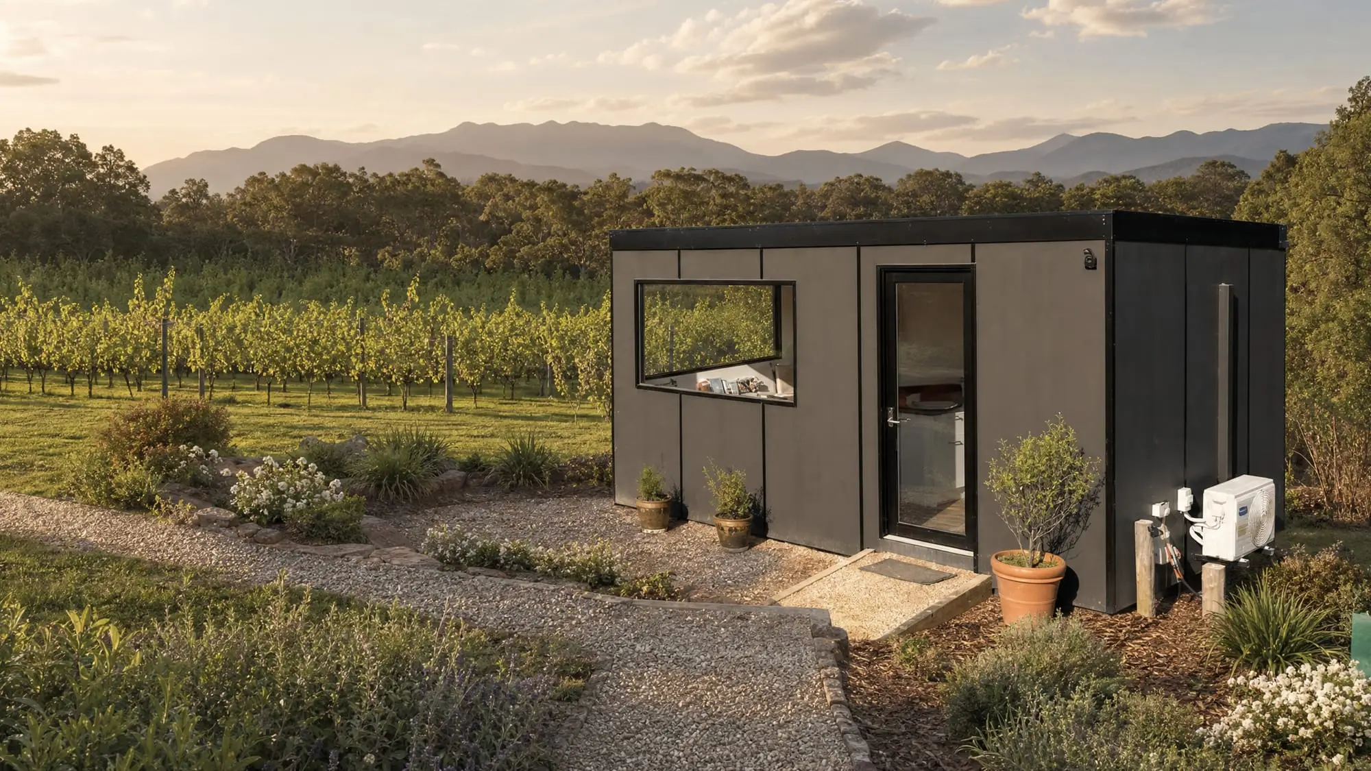 The Urban Multispace MicroHome set up in a garden.