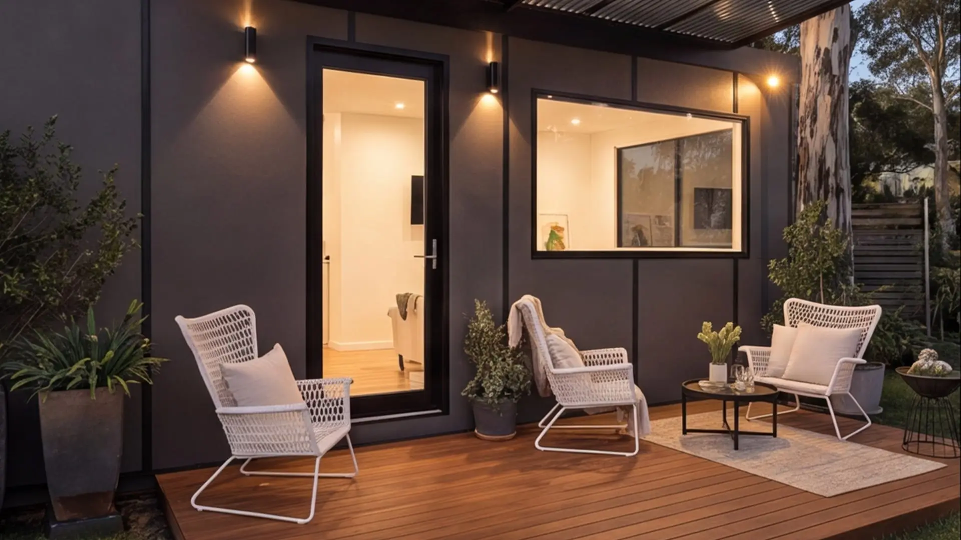 Timber deck and outdoor lounge setting alongside the Urban Studio.