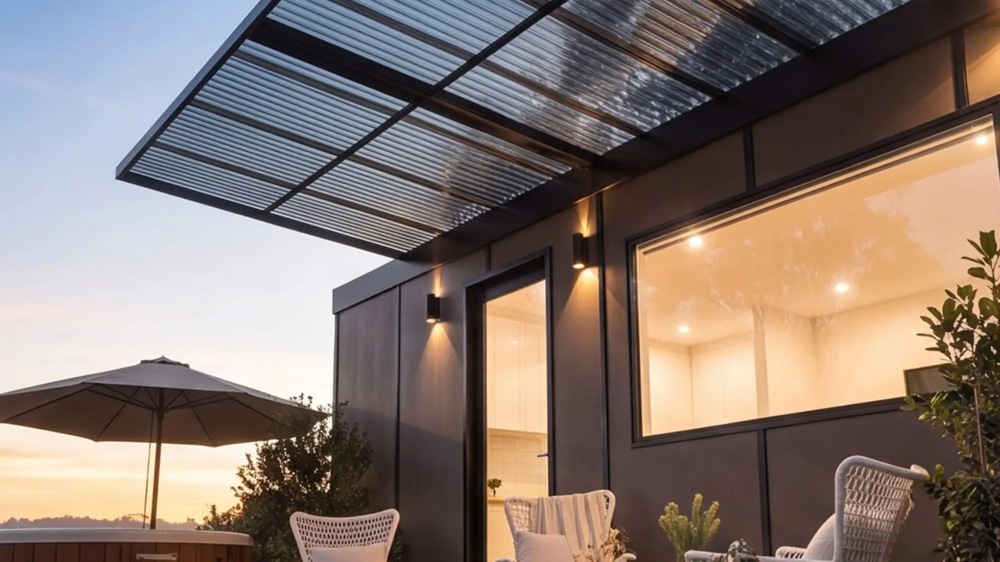 The Urban Studio MicroHome at dusk with glowing interior lights.