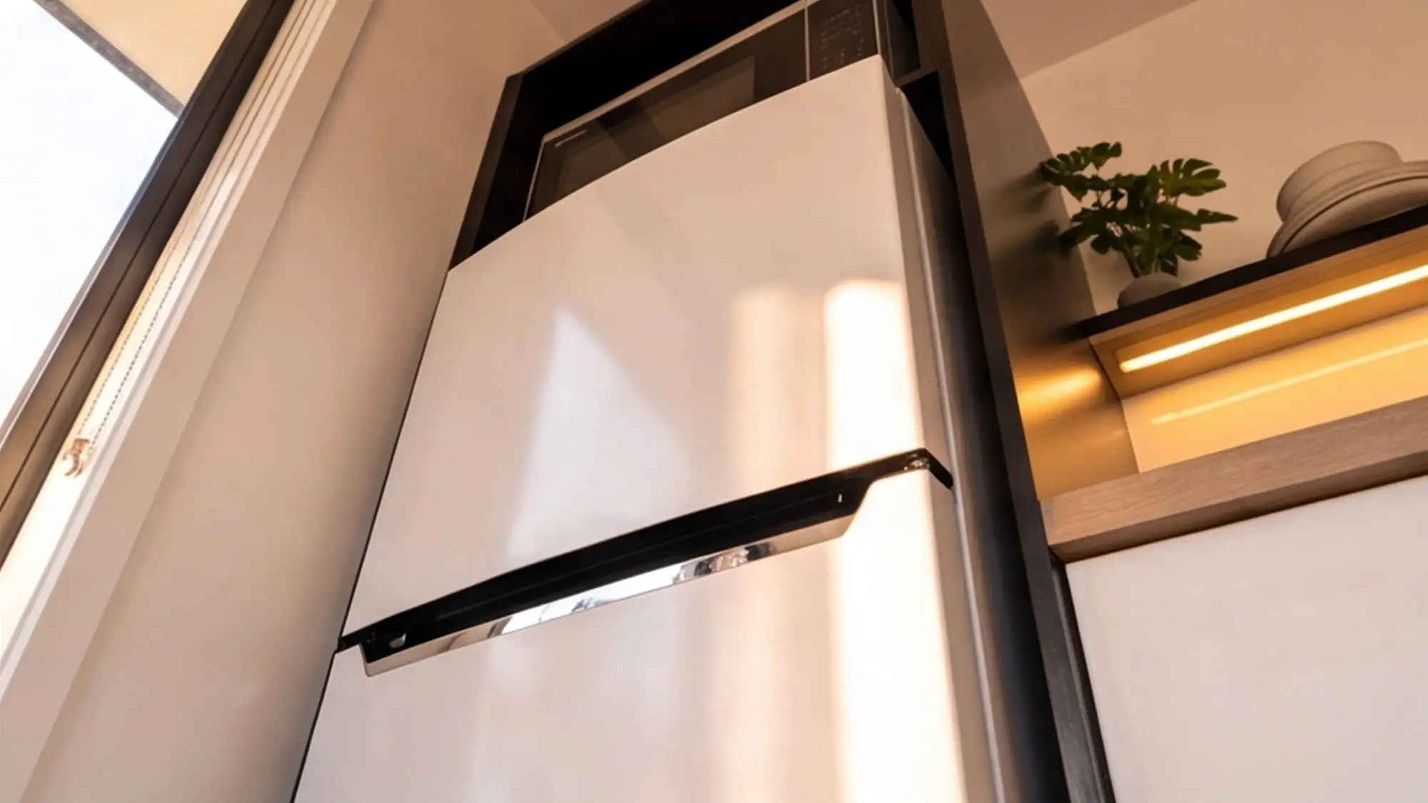 The kitchen inside a MicroHome, with full-height cabinetry and a bench with room to work on.
