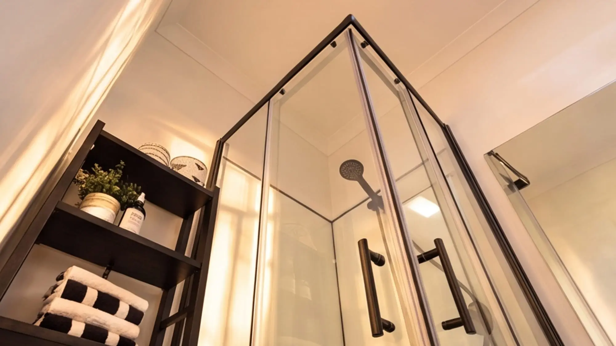 Glass shower and laundry detail inside the Urban Studio bathroom.