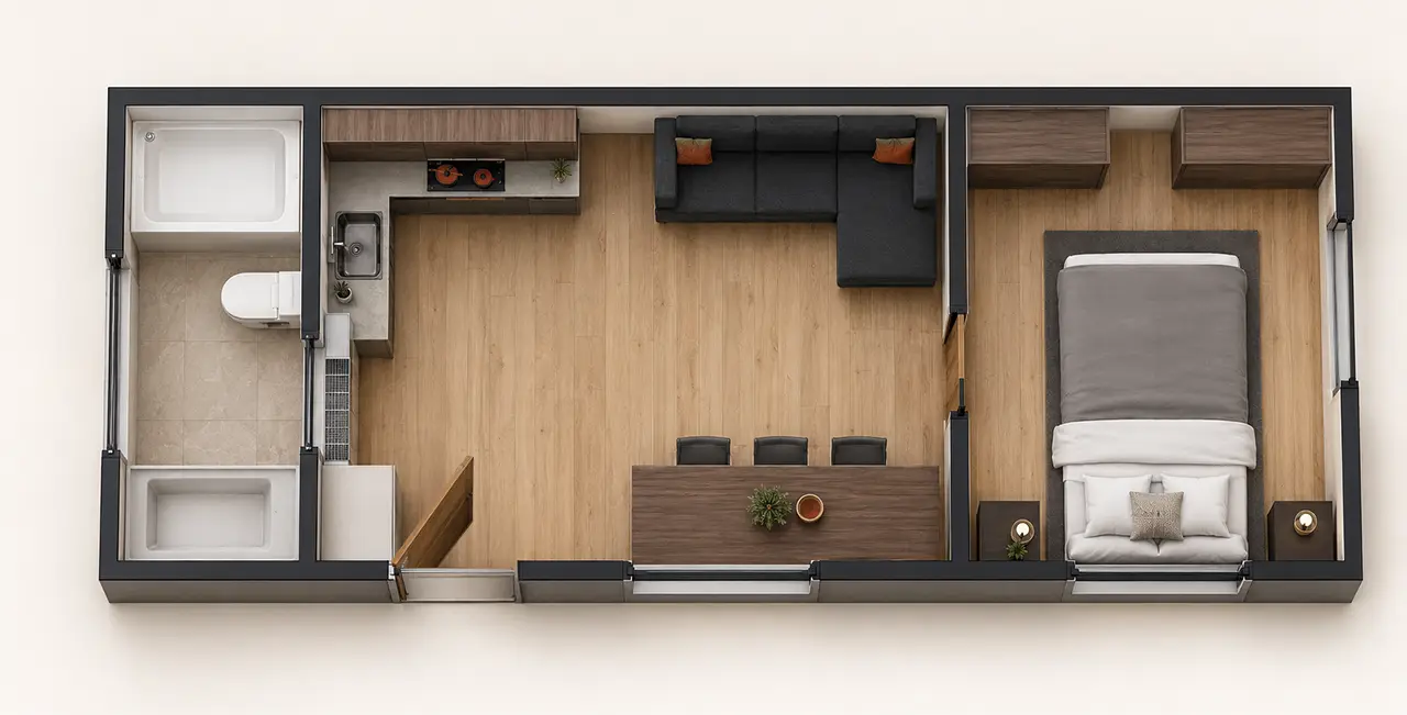 Floor plan of the 9.0 × 3.2m Urban One Bedroom: a bathroom with a bath, shower and toilet at one end, a galley kitchen, an open living and dining zone with a modular sofa and a six-seat table, and a separate bedroom with built-in robes at the other end. The entry door opens off the living zone and swings left.