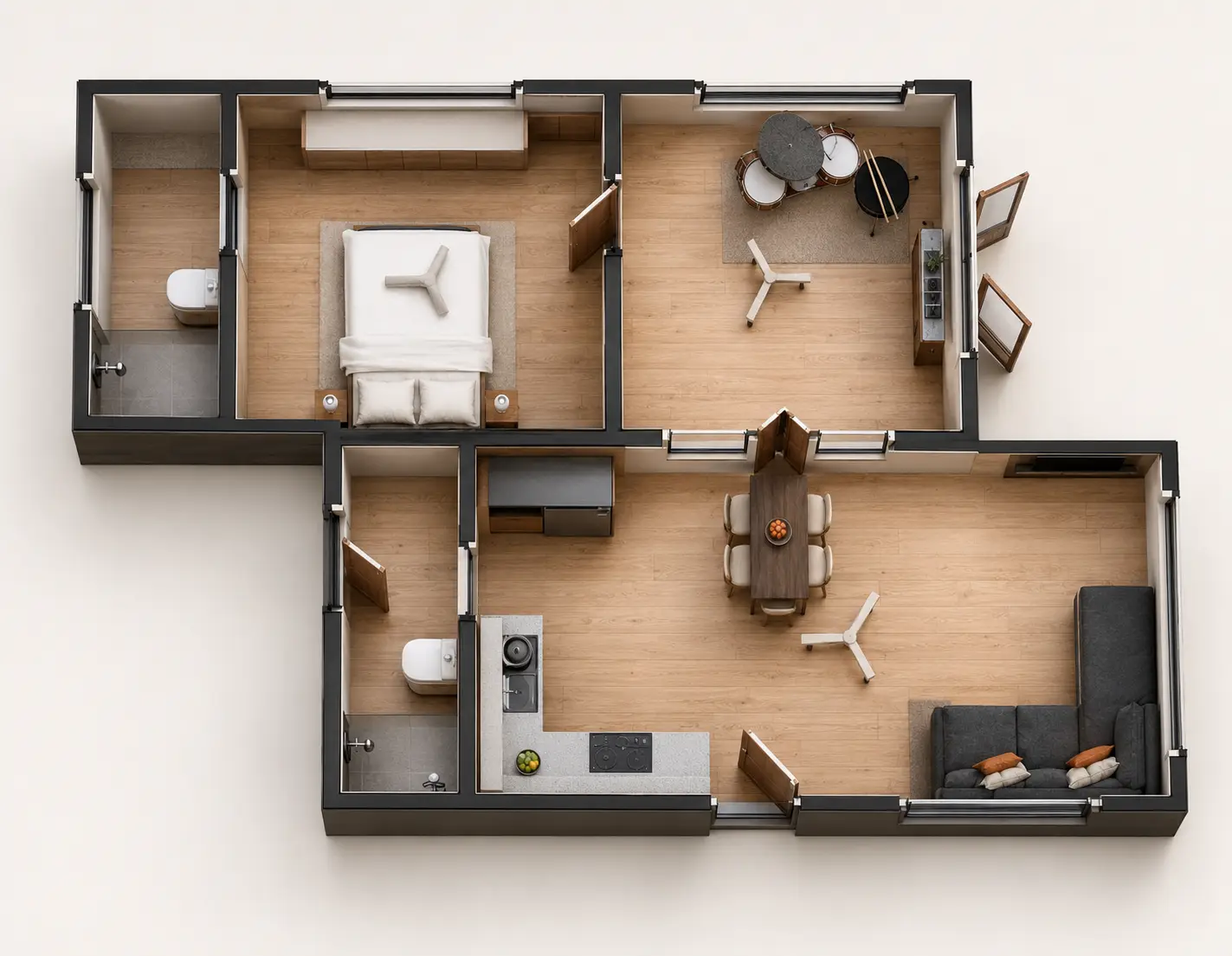 Offset floor-plan layout of an Urban Modular: two modules joined and stepped, with a bedroom and a flexible studio room, two bathrooms, and an open kitchen, dining and living zone.