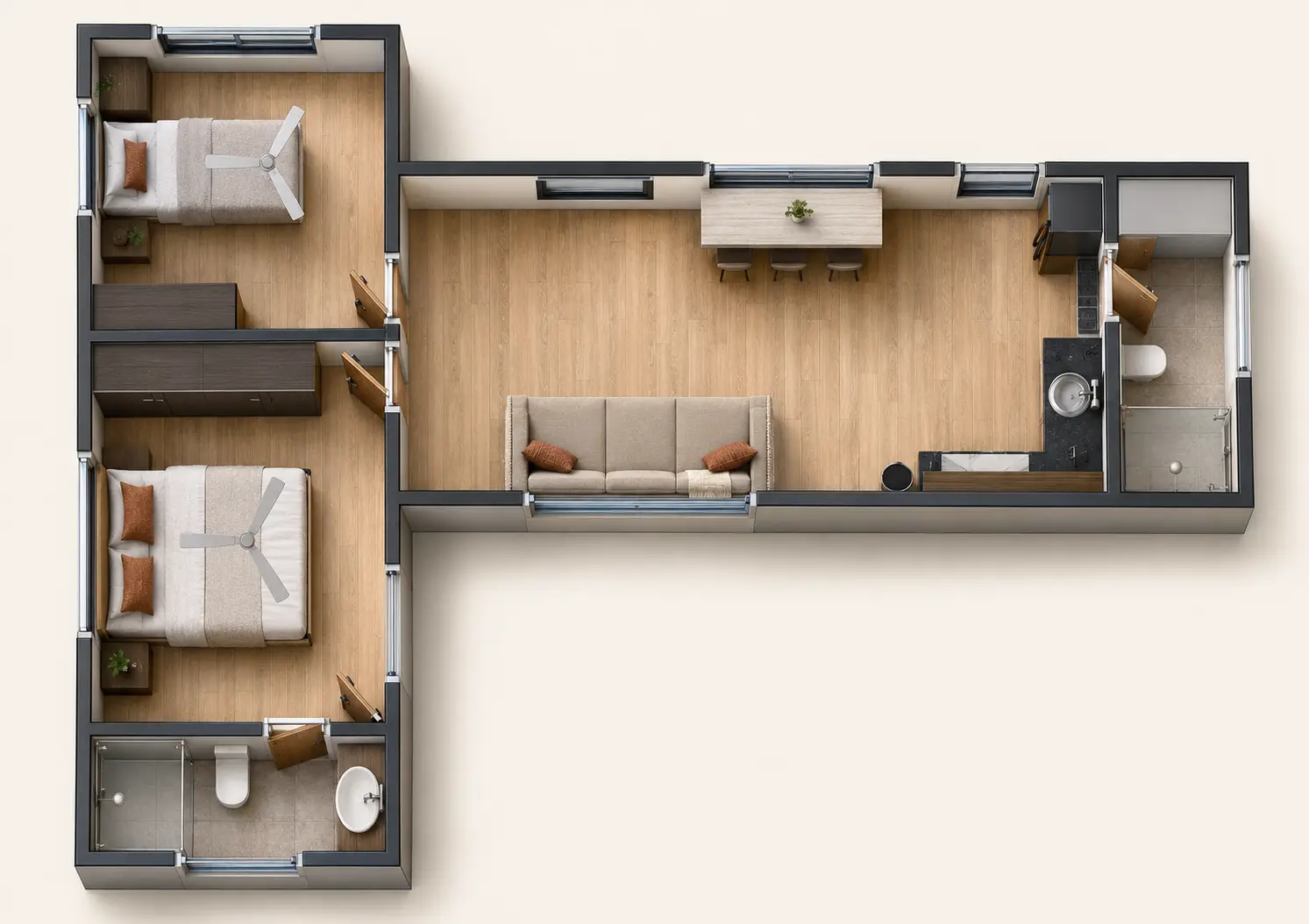 T-shaped floor-plan layout of an Urban Modular: two bedrooms and two bathrooms in one module meeting an open living, dining and kitchen zone in the other.