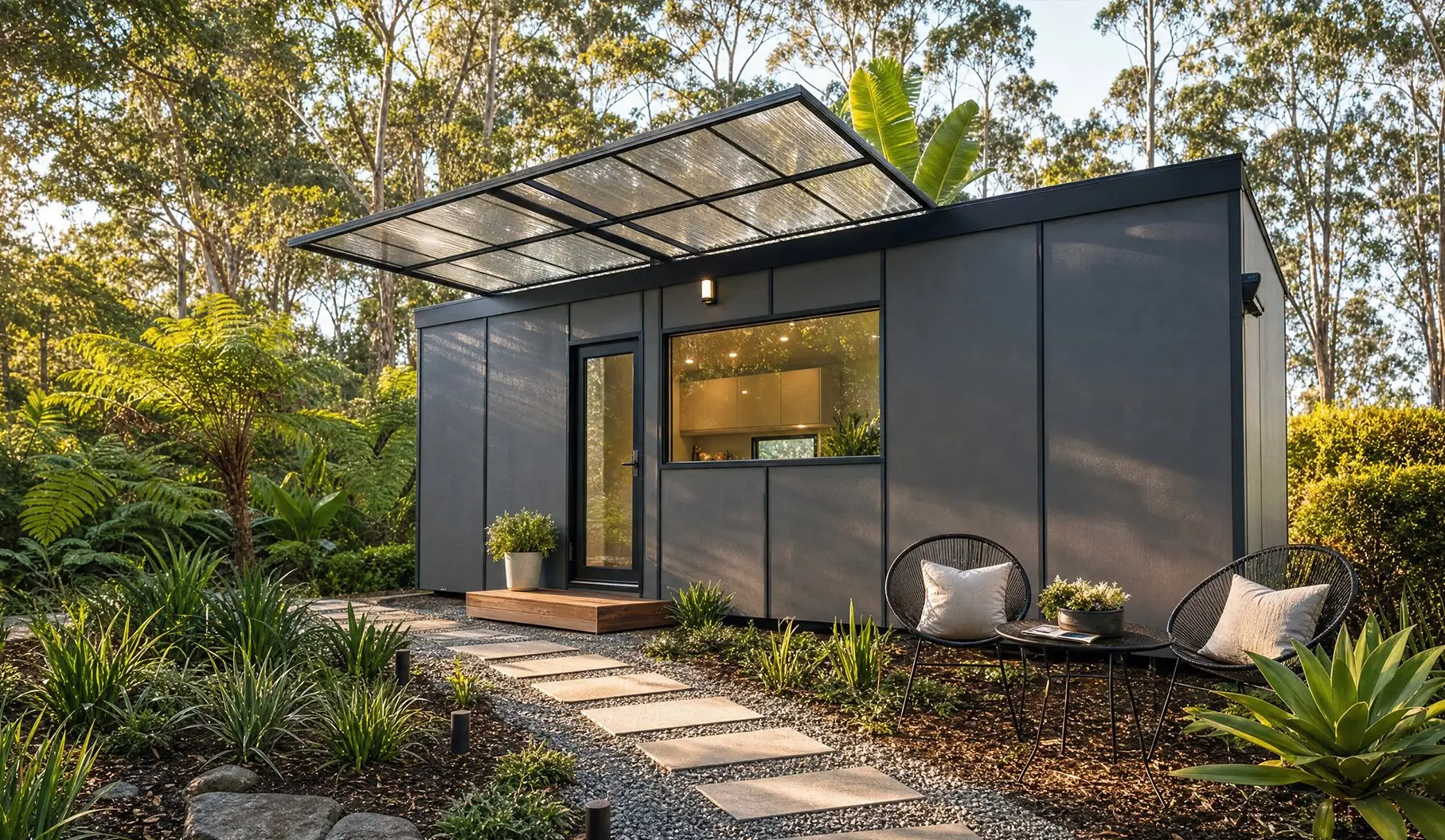 An Urban One Bedroom MicroHome with a raised solar awning, a timber entry step and a stone path, set in a garden of tree ferns and gums.