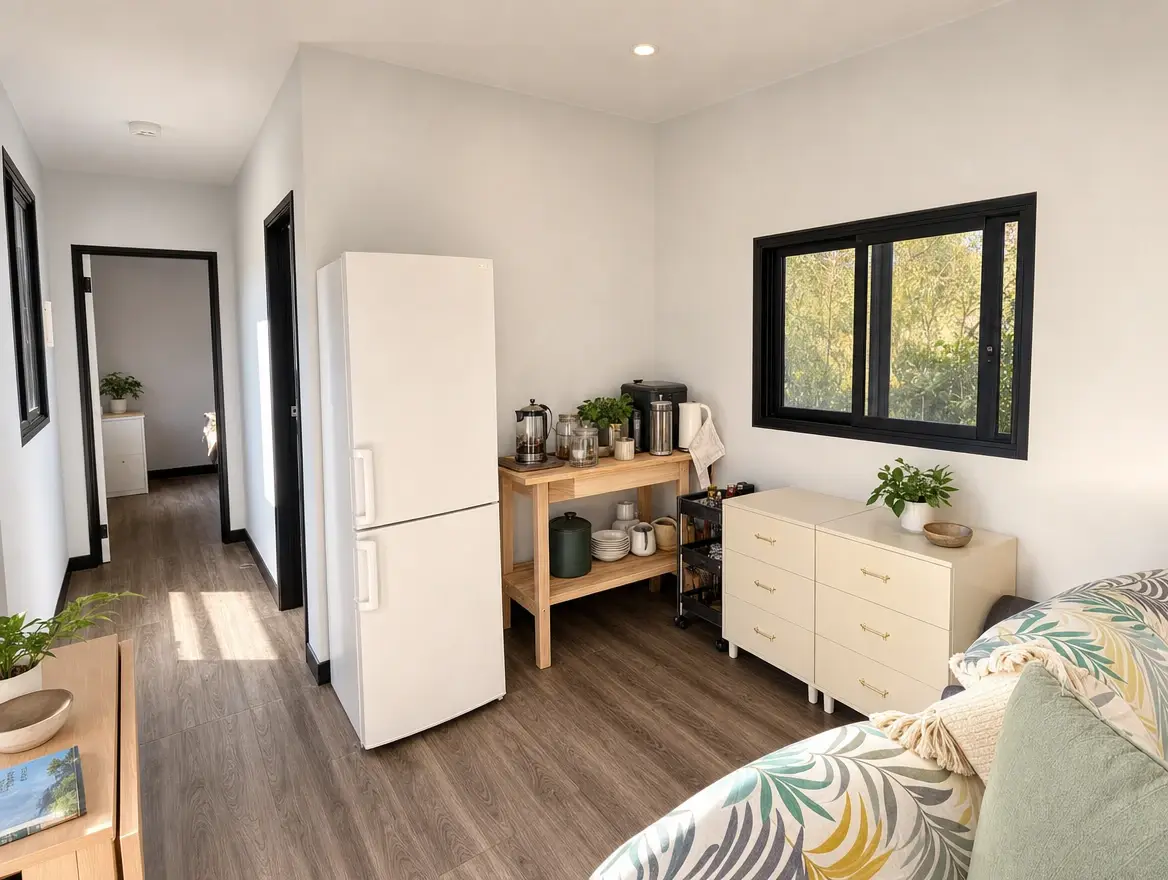 Inside a finished 3.2m-wide MicroHome: a hallway and living area with a fridge, a timber side table, a chest of drawers and a sofa, with a window looking onto trees — play the video