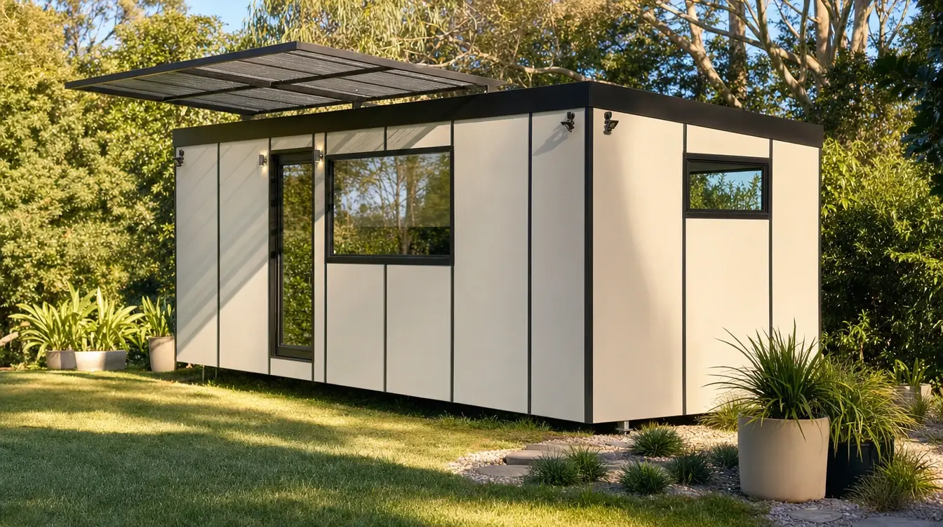 A cream-clad MicroHome on a lawn among trees, with a solar awning raised above its roof — play the video