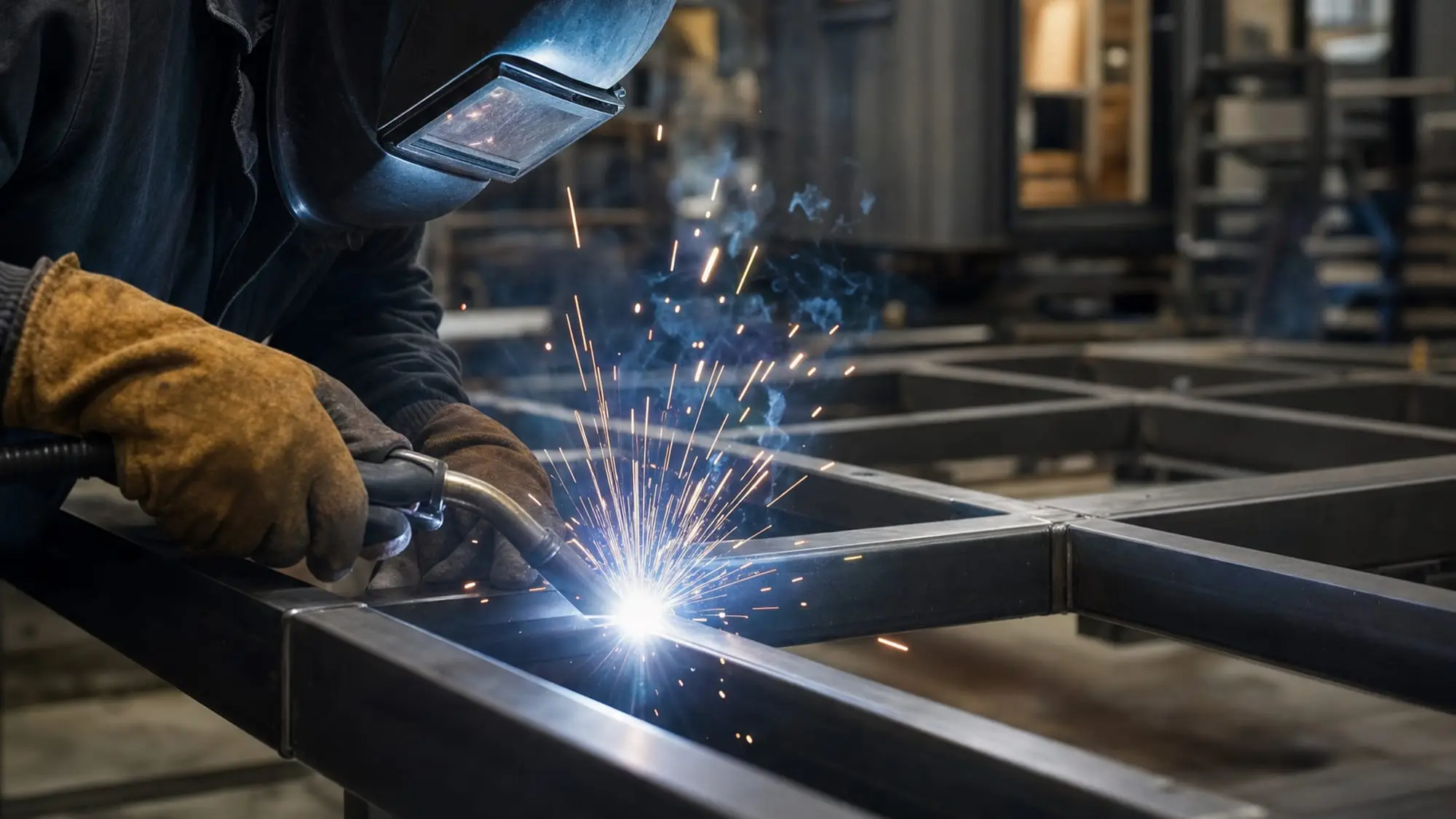 A welder joining the engineered steel chassis of a MicroHome in the Melbourne workshop, sparks flying.